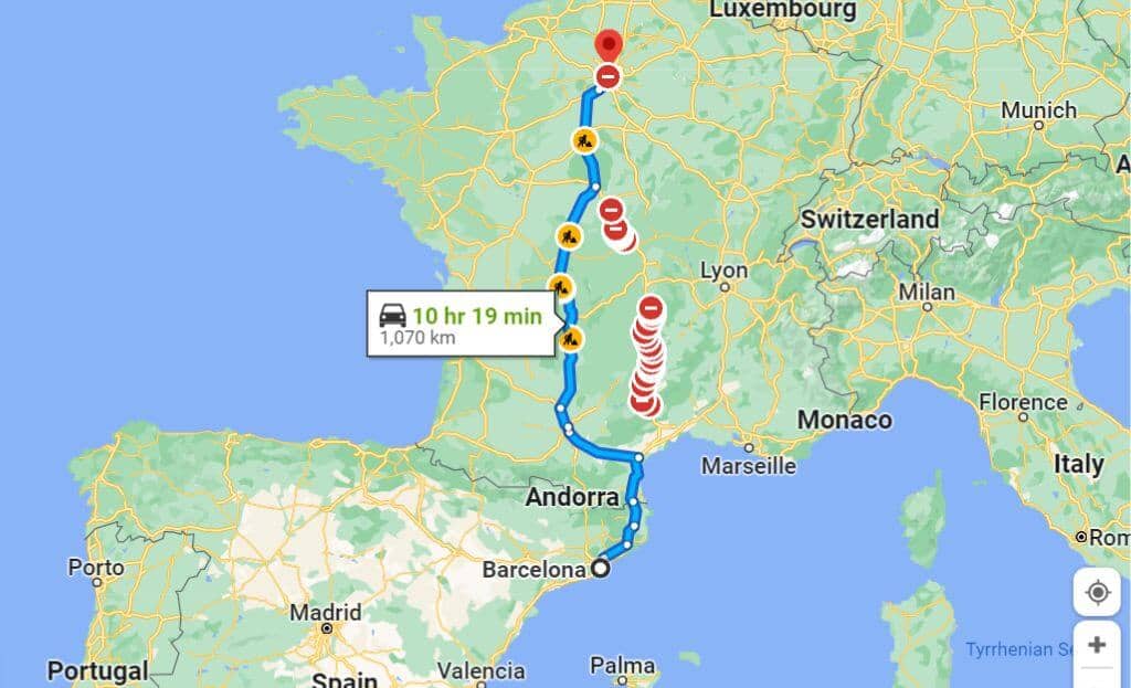 how far is barcelona from paris route map