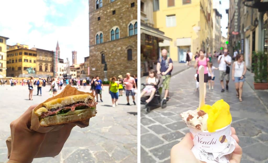 Florence and its street food art foccacia sandwich with gelato