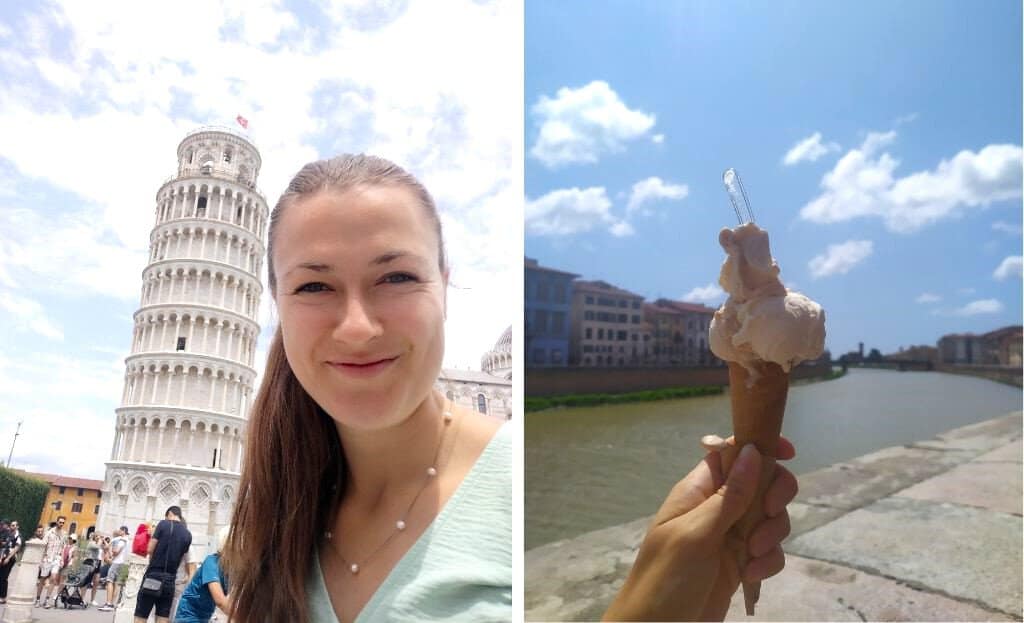 pisa leaning tower and gelato in pisa on a day trip from Florence guiding American groups