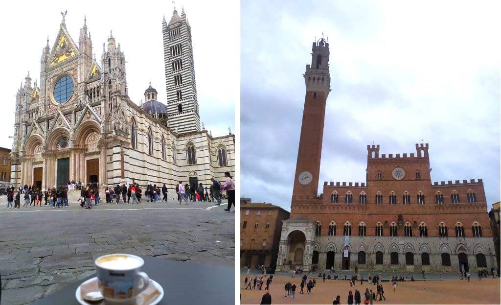 siena cathedral with a coffee on the square and piazza del campo main square in siena