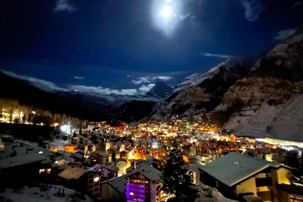 Zermatt in winter views of Matterhorn and charming lights