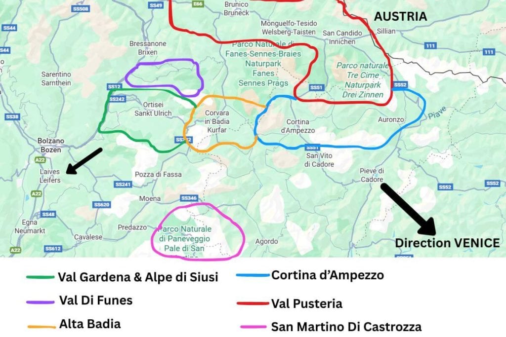 where to stay in the Dolomites map of the best areas